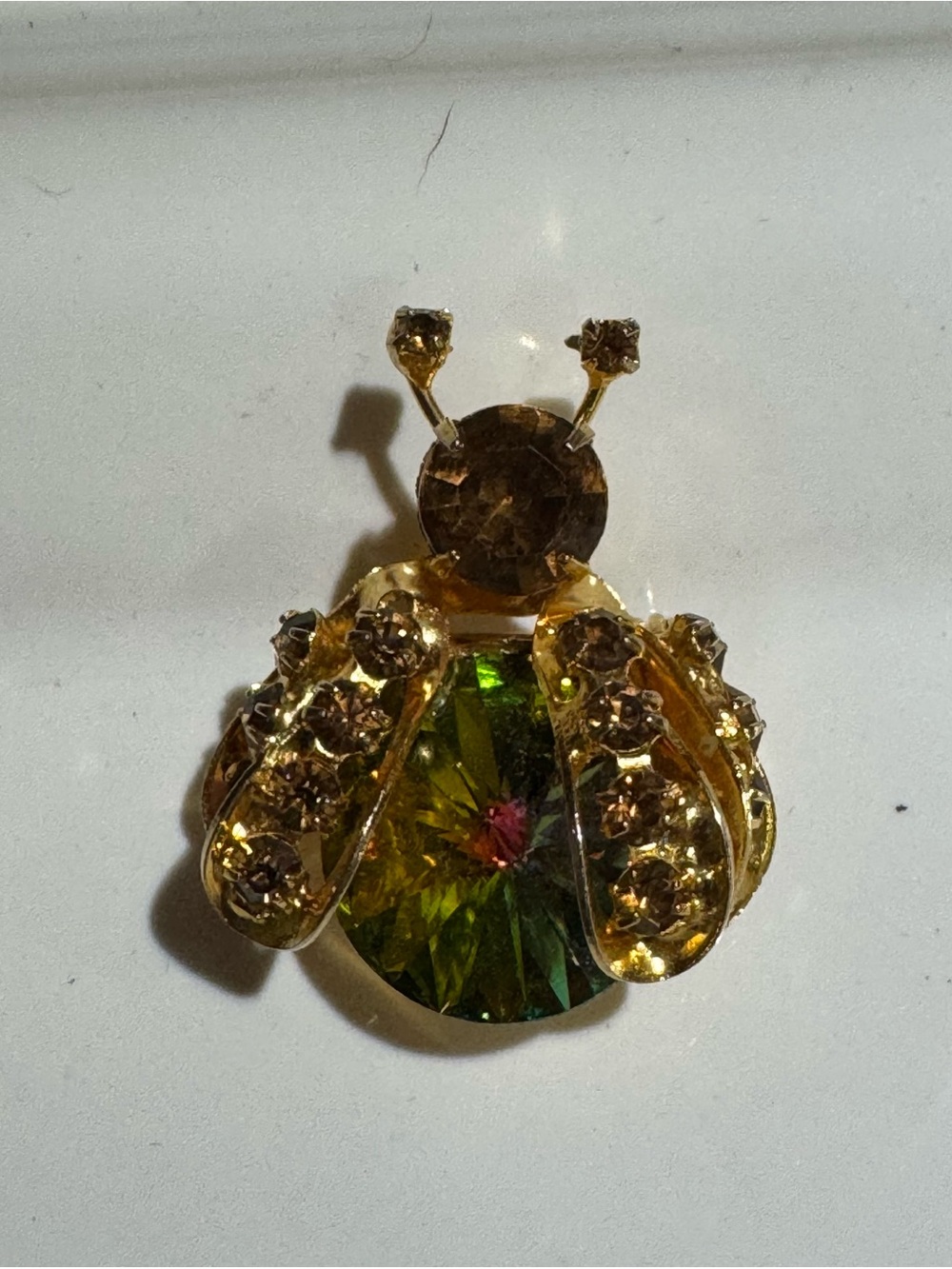 Vintage Albert Weiss Watermelon Rivoli Ladybug Brooch
